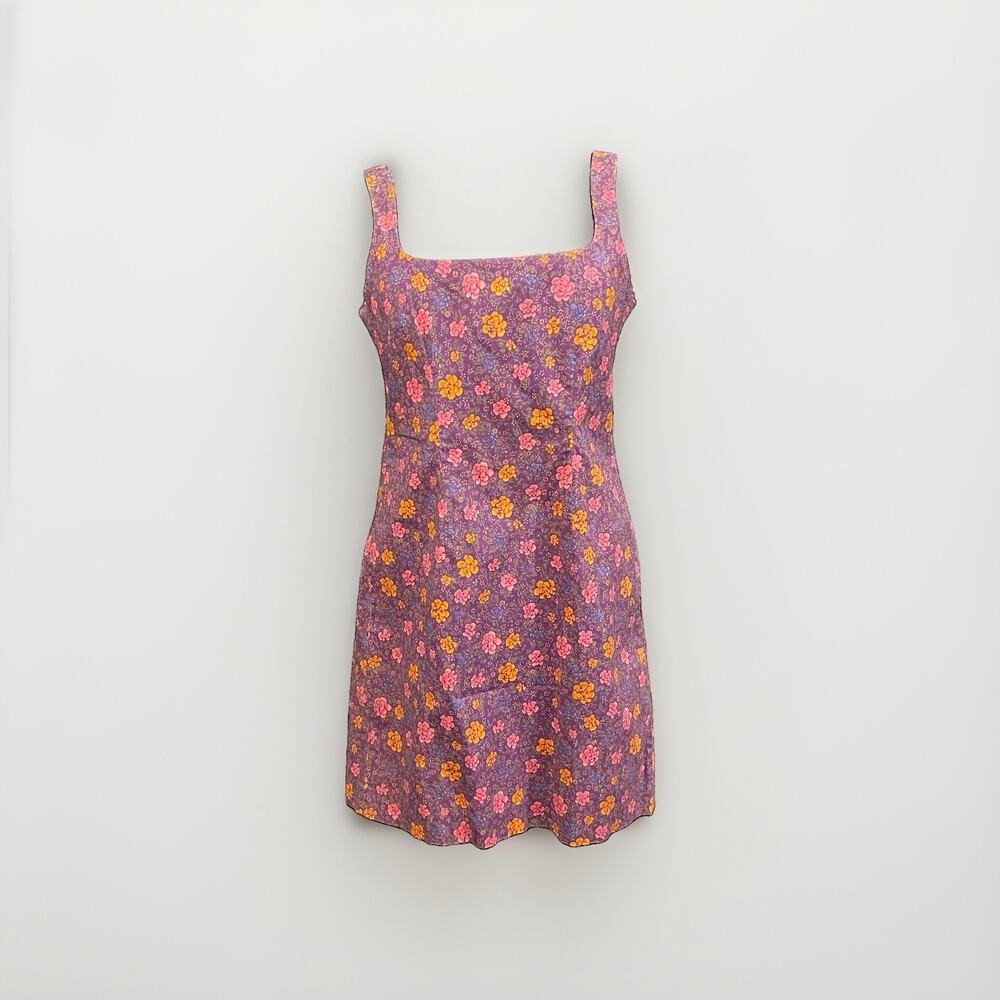 Vintage Ralph Lauren Purple Floral Stretchy Sheath Dress 8 Square Neck S 8